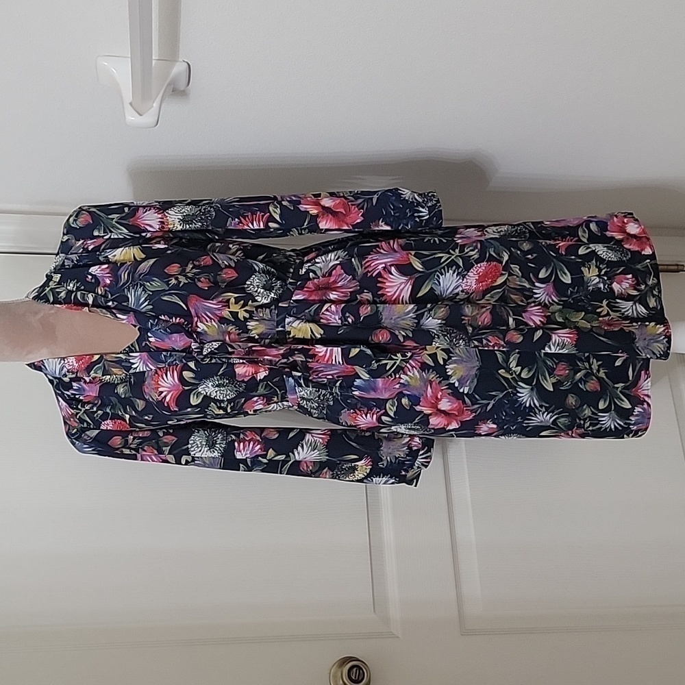 J Crew, Size S, Navy Blue Floral Chiffon Midi Dress, Tie Front Neck, Euc